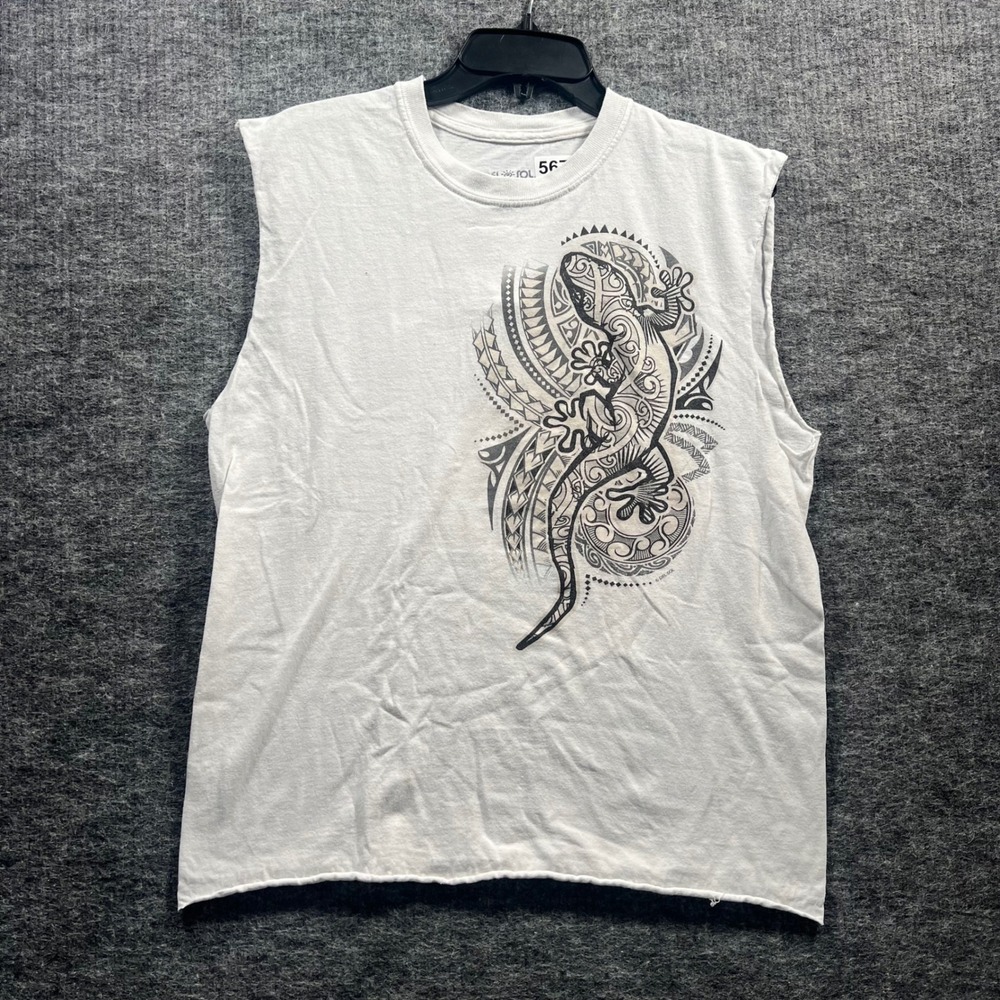 Del Sol Color Change Tribal Gecko Muscle Tee White Mens Medium Cut Off Cropped